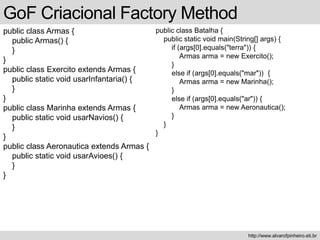 public class Armas {
public Armas() {
}
}
public class Exercito extends Armas {
public static void usarInfantaria() {
}
}
public class Marinha extends Armas {
public static void usarNavios() {
}
}
public class Aeronautica extends Armas {
public static void usarAvioes() {
}
}
GoF Criacional Factory Method
http://www.alvarofpinheiro.eti.br
public class Batalha {
public static void main(String[] args) {
if (args[0].equals("terra")) {
Armas arma = new Exercito();
}
else if (args[0].equals("mar")) {
Armas arma = new Marinha();
}
else if (args[0].equals("ar")) {
Armas arma = new Aeronautica();
}
}
}
 