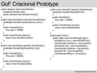 GoF Criacional Prototype
public abstract class CarroHonda {
protected double valor;
public abstract CarroHonda clonar();
}
public class HondaCivic extends CarroHonda {
protected HondaCivic(HondaCivic civic) {
}
public HondaCivic() {
this.valor = 70000;
}
public CarroHonda clonar() {
return new HondaCivic(this);
}
}
public class HondaCity extends CarroHonda {
protected HondaCity(HondaCity city) {
}
public HondaCity() {
this.valor = 60000;
}
public CarroHonda clonar() {
return new HondaCity(this);
}
}
http://www.alvarofpinheiro.eti.br
public class HondaFit extends CarroHonda {
protected HondaFit(HondaFit fit) {
}
public HondaFit() {
this.valor = 50000;
}
public CarroHonda clonar() {
return new HondaFit(this);
}
}
public class Carro {
public static void main(String[] args) {
HondaCivic civic = new HondaCivic();
CarroHonda civicNovo = civic.clonar();
HondaCity city = new HondaCity();
CarroHonda cityNovo = city.clonar();
HondaFit fit = new HondaFit();
CarroHonda fitNovo = fit.clonar();
}
}
 