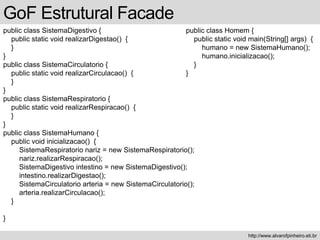 public class SistemaDigestivo {
public static void realizarDigestao() {
}
}
public class SistemaCirculatorio {
public static void realizarCirculacao() {
}
}
public class SistemaRespiratorio {
public static void realizarRespiracao() {
}
}
public class SistemaHumano {
public void inicializacao() {
SistemaRespiratorio nariz = new SistemaRespiratorio();
nariz.realizarRespiracao();
SistemaDigestivo intestino = new SistemaDigestivo();
intestino.realizarDigestao();
SistemaCirculatorio arteria = new SistemaCirculatorio();
arteria.realizarCirculacao();
}
}
GoF Estrutural Facade
http://www.alvarofpinheiro.eti.br
public class Homem {
public static void main(String[] args) {
humano = new SistemaHumano();
humano.inicializacao();
}
}
 