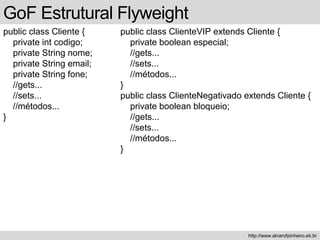 public class Cliente {
private int codigo;
private String nome;
private String email;
private String fone;
//gets...
//sets...
//métodos...
}
GoF Estrutural Flyweight
http://www.alvarofpinheiro.eti.br
public class ClienteVIP extends Cliente {
private boolean especial;
//gets...
//sets...
//métodos...
}
public class ClienteNegativado extends Cliente {
private boolean bloqueio;
//gets...
//sets...
//métodos...
}
 