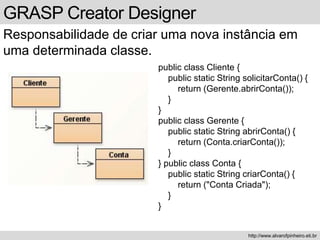 GRASP Creator Designer
Responsabilidade de criar uma nova instância em
uma determinada classe.
http://www.alvarofpinheiro.eti.br
public class Cliente {
public static String solicitarConta() {
return (Gerente.abrirConta());
}
}
public class Gerente {
public static String abrirConta() {
return (Conta.criarConta());
}
} public class Conta {
public static String criarConta() {
return ("Conta Criada");
}
}
 