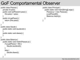 public class Pessoa {
private int peso;
public void setPeso(int peso) {
this.peso = peso;
}
public int getPeso() {
return (this.peso);
}
}
public class Saude {
public static void saudavel() {
}
public static void obeso() {
}
}
public class Balanca {
public static void medir(Pessoa p) {
if (p.getPeso() < 80) {
Saude.saudavel();
}
else {
Saude.obeso();
}
}
}
GoF Comportamental Observer
http://www.alvarofpinheiro.eti.br
public class Principal {
public static void main(String[] args) {
Pessoa p = new Pessoa();
p.setPeso(60);
Balanca.medir(p);
}
}
 