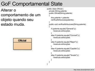 GoF Comportamental State
Alterar o
comportamento de um
objeto quando seu
estado muda.
http://www.alvarofpinheiro.eti.br
public class Oficial {
private String patente;
public Oficial(String patente)
{
this.patente = patente;
verificaAtribuicoes(patente);
}
public void verificaAtribuicoes(String patente)
{
if (patente.equals("General")) {
//executa atribuições
}
else if (patente.equals("Coronel")) {
//executa atribuições
}
else if (patente.equals("Major")) {
//executa atribuições
}
else if (patente.equals("Capitão")) {
//executa atribuições
}
else if (patente.equals("Tenete")) {
//executa atribuições
}
}
}
 