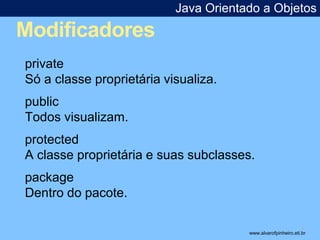 Modificadores 
Java Orientado a Objetos 
* 
private 
Só a classe proprietária visualiza. 
public 
Todos visualizam. 
protected 
A classe proprietária e suas subclasses. 
package 
Dentro do pacote. 
www.alvarofpinheiro.eti.br 
 
