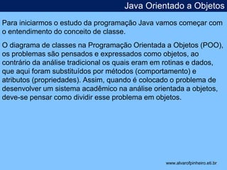 Java Orientado a Objetos 
Para iniciarmos o estudo da programação Java vamos começar com 
o entendimento do conceito de classe. 
O diagrama de classes na Programação Orientada a Objetos (POO), 
os problemas são pensados e expressados como objetos, ao 
contrário da análise tradicional os quais eram em rotinas e dados, 
que aqui foram substituídos por métodos (comportamento) e 
atributos (propriedades). Assim, quando é colocado o problema de 
desenvolver um sistema acadêmico na análise orientada a objetos, 
deve-se pensar como dividir esse problema em objetos. 
* 
www.alvarofpinheiro.eti.br 
 