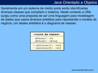 Java Orientado a Objetos 
Geralmente em um sistema de médio porte serão identificadas 
diversas classes que compõem o sistema. Neste contexto a UML 
surgiu como uma proposta de ser uma linguagem para modelagem 
de dados que usava diversos artefatos para representar o modelo de 
negócio; um destes artefatos é o diagrama de classes. 
* 
www.alvarofpinheiro.eti.br 
 