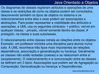Java Orientado a Objetos 
Os diagramas de classes registram atributos e operações de uma 
classe e as restrições de como os objetos podem ser conectados, 
descrevendo também os tipos de objetos no sistema e os 
relacionamentos entre eles e esse podem ser associações e 
abstrações. Para poder representar a visibilidade dos atributos e 
operações, a UML usa os seguintes símbolos: + público, visível em 
qualquer classe; - privado, visível somente dentro da classe; # 
protegido, na classe e suas subclasses. 
O relacionamento entre classes retrata as relações entre os objetos. 
Exemplo: um professor ministra uma disciplina para alunos numa 
sala. A UML reconhece três tipos mais importantes de relações: 
dependência, associação e generalização ou herança. Geralmente 
as classes não estão isoladas (coesas) e se relacionam entre si 
(acoplamento). O relacionamento e a comunicação entre as classes 
se definem em 3 tipos: Associações que podem ser de Agregação ou 
Composição; Generalização ou herança; e Dependências. 
* 
www.alvarofpinheiro.eti.br 
 