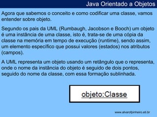 Java Orientado a Objetos 
Agora que sabemos o conceito e como codificar uma classe, vamos 
entender sobre objeto. 
Segundo os pais da UML (Rumbaugh, Jacobson e Booch) um objeto 
é uma instância de uma classe, isto é, trata-se de uma cópia da 
classe na memória em tempo de execução (runtime), sendo assim, 
um elemento específico que possui valores (estados) nos atributos 
(campos). 
A UML representa um objeto usando um retângulo que o representa, 
onde o nome da instância do objeto é seguido de dois pontos, 
seguido do nome da classe, com essa formação sublinhada. 
* 
www.alvarofpinheiro.eti.br 
 