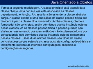 Java Orientado a Objetos 
Temos a seguinte modelagem. A classe principal está associada a 
classe cliente, esta por sua vez está associada as classes 
departamento e função. A classe função estende a classe abstrata 
cargo. A classe cliente é uma subclasse da classe pessoa-física que 
também é pai da classe filha fornecedor. Ambas classes, cliente e 
fornecedor são concretas, assim permitindo que se instâncie objetos 
dessa classes. Já as classes pessoa-física e pessoa-jurídica são 
abstratas, assim sendo possuem métodos não implementados e por 
consequencia não permitindo que se instancie objetos diretamente 
dessas classes. Essas duas últimas classes são filhas da classe 
concreta pessoa que estende a classe abstrata configurações-básica e 
implementa (realiza) as interface configurações-especiais e 
configurações-avançadas. 
* 
www.alvarofpinheiro.eti.br 
 