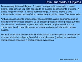 Java Orientado a Objetos 
Temos a seguinte modelagem. A classe principal está associada a classe 
cliente, esta por sua vez está associada as classes departamento e função. A 
classe função estende a classe abstrata cargo. A classe cliente é uma 
subclasse da classe pessoa-física que também é pai da classe filha fornecedor. 
Ambas classes, cliente e fornecedor são concretas, assim permitindo que se 
instâncie objetos dessa classes. Já as classes pessoa-física e pessoa-jurídica 
são abstratas, assim sendo possuem métodos não implementados e por 
consequencia não permitindo que se instancie objetos diretamente dessas 
classes. 
Essas duas últimas classes são filhas da classe concreta pessoa que estende 
a classe abstrata configurações-básica e implementa (realiza) as interface 
configurações-especiais e configurações-avançadas. 
* 
www.alvarofpinheiro.eti.br 
 