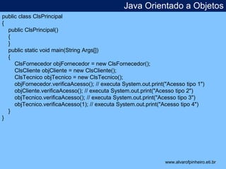 Java Orientado a Objetos 
* 
public class ClsPrincipal 
{ 
public ClsPrincipal() 
{ 
} 
public static void main(String Args[]) 
{ 
ClsFornecedor objFornecedor = new ClsFornecedor(); 
ClsCliente objCliente = new ClsCliente(); 
ClsTecnico objTecnico = new ClsTecnico(); 
objFornecedor.verificaAcesso(); // executa System.out.print("Acesso tipo 1") 
objCliente.verificaAcesso(); // executa System.out.print("Acesso tipo 2") 
objTecnico.verificaAcesso(); // executa System.out.print("Acesso tipo 3") 
objTecnico.verificaAcesso(1); // executa System.out.print("Acesso tipo 4") 
} 
} 
www.alvarofpinheiro.eti.br 
 