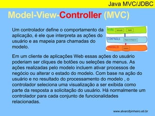 Java MVC/JDBC 
Model-View-Controller (MVC) 
* 
Um controlador define o comportamento da 
aplicação, é ele que interpreta as ações do 
usuário e as mapeia para chamadas do 
modelo. 
Em um cliente de aplicações Web essas ações do usuário 
poderiam ser cliques de botões ou seleções de menus. As 
ações realizadas pelo modelo incluem ativar processos de 
negócio ou alterar o estado do modelo. Com base na ação do 
usuário e no resultado do processamento do modelo , o 
controlador seleciona uma visualização a ser exibida como 
parte da resposta a solicitação do usuário. Há normalmente um 
controlador para cada conjunto de funcionalidades 
relacionadas. 
www.alvarofpinheiro.eti.br 
 