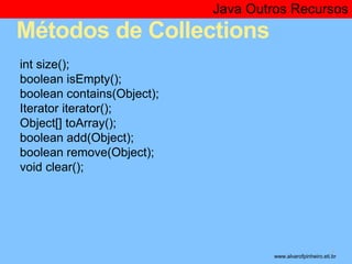 Java Outros Recursos 
Métodos de Collections 
* 
int size(); 
boolean isEmpty(); 
boolean contains(Object); 
Iterator iterator(); 
Object[] toArray(); 
boolean add(Object); 
boolean remove(Object); 
void clear(); 
www.alvarofpinheiro.eti.br 
 