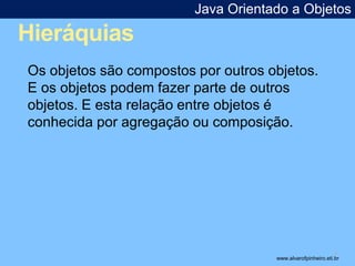 Hieráquias 
Java Orientado a Objetos 
* 
Os objetos são compostos por outros objetos. 
E os objetos podem fazer parte de outros 
objetos. E esta relação entre objetos é 
conhecida por agregação ou composição. 
www.alvarofpinheiro.eti.br 
 