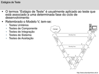 Estágios de Teste 
 O termos “Estágio de Teste” é usualmente aplicado ao teste que 
está associado a uma determinada fase do ciclo de 
desenvolvimento 
 Relembrado o Modelo V, tem-se: 
 Testes Unitários 
 Testes de Componente 
 Testes de Integração 
 Testes de Sistema 
 Testes de Aceitação 
http://www.alvarofpinheiro.eti.br 
 