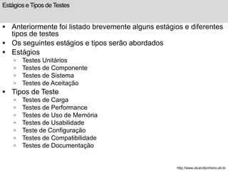 Estágios e Tipos de Testes 
 Anteriormente foi listado brevemente alguns estágios e diferentes 
tipos de testes 
 Os seguintes estágios e tipos serão abordados 
 Estágios 
 Testes Unitários 
 Testes de Componente 
 Testes de Sistema 
 Testes de Aceitação 
 Tipos de Teste 
 Testes de Carga 
 Testes de Performance 
 Testes de Uso de Memória 
 Testes de Usabilidade 
 Teste de Configuração 
 Testes de Compatibilidade 
 Testes de Documentação 
http://www.alvarofpinheiro.eti.br 
 