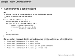 Estágios – Testes Unitários: Exemplo 
 Considerando o código abaixo 
/** 
* Retorna a lista de contas bancarias de uma determinada pessoa 
* @param id identificar de uma pessoa 
*/ 
Vector getContas (IDPessoa id) { 
Vector resultado = new Vector (); 
for (int i = 0; i < contas.size(); i++) { 
Conta c = contas.elementAt(i); 
if (c.getIDPessoal().equals (id)) { 
resultado.addElement(c); 
} 
} 
return resultado; 
} 
Os seguintes casos de teste unitários caixa preta podem ser identificados: 
 Passar como parâmetro um ID de pessoa nulo 
 Passar como parâmetro um ID de pessoa inválido 
 Passar como parâmetro um ID de pessoa que tem apenas uma conta 
 Passar como parâmetro um ID de pessoa que não tem conta 
http://www.alvarofpinheiro.eti.br 
 