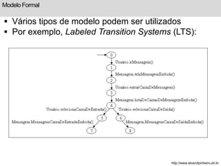 Modelo Formal 
 Vários tipos de modelo podem ser utilizados 
 Por exemplo, Labeled Transition Systems (LTS): 
http://www.alvarofpinheiro.eti.br 
 
