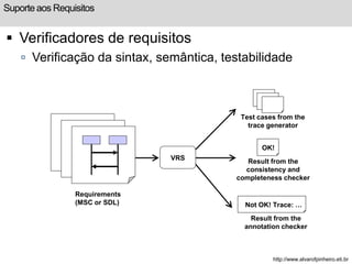 Suporte aos Requisitos 
 Verificadores de requisitos 
 Verificação da sintax, semântica, testabilidade 
Requirements 
(MSC or SDL) 
Test cases from the 
trace generator 
OK! 
Result from the 
consistency and 
completeness checker 
Not OK! Trace: … 
Result from the 
annotation checker 
VRS 
http://www.alvarofpinheiro.eti.br 
 