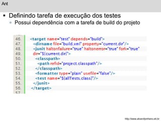 Ant 
 Definindo tarefa de execução dos testes 
 Possui dependência com a tarefa de build do projeto 
http://www.alvarofpinheiro.eti.br 
 