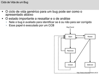 Ciclo de Vida de um Bug 
 O ciclo de vida genérico para um bug pode ser como o 
apresentado abaixo 
 O estado importante a ressaltar e o de análise 
 Nele o bug é avaliado para identificar se é ou não para ser corrigido 
 Esse papel é executado por um CCB 
http://www.alvarofpinheiro.eti.br 
 