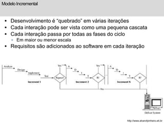 Modelo Incremental 
 Desenvolvimento é “quebrado” em várias iterações 
 Cada interação pode ser vista como uma pequena cascata 
 Cada interação passa por todas as fases do ciclo 
 Em maior ou menor escala 
 Requisitos são adicionados ao software em cada iteração 
http://www.alvarofpinheiro.eti.br 
 