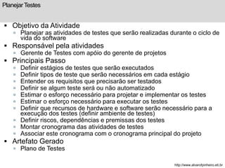 Planejar Testes 
 Objetivo da Atividade 
 Planejar as atividades de testes que serão realizadas durante o ciclo de 
vida do software 
 Responsável pela atividades 
 Gerente de Testes com apóio do gerente de projetos 
 Principais Passo 
 Definir estágios de testes que serão executados 
 Definir tipos de teste que serão necessários em cada estágio 
 Entender os requisitos que precisarão ser testados 
 Definir se algum teste será ou não automatizado 
 Estimar o esforço necessário para projetar e implementar os testes 
 Estimar o esforço necessário para executar os testes 
 Definir que recursos de hardware e software serão necessário para a 
execução dos testes (definir ambiente de testes) 
 Definir riscos, dependências e premissas dos testes 
 Montar cronograma das atividades de testes 
 Associar este cronograma com o cronograma principal do projeto 
 Artefato Gerado 
 Plano de Testes 
http://www.alvarofpinheiro.eti.br 
 