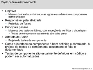 Projeto de Testes de Componente 
 Objetivo 
 Mesmo dos testes unitários, mas agora considerando o componente 
como unidade 
 Responsável pela atividade 
 Projetista de Testes 
 Principais passos 
 Mesmos dos testes unitários, com exceção de verificar a abordagem 
 Testes de componente usualmente são caixa preta 
 Artefato de Saída 
 Projeto de testes de componente 
 Como a interface do componente é bem definida e controlada, o 
projeto de testes de componente usualmente é feito e 
documentado 
 Testes de componente são usualmente definidos em código e 
podem ser automatizados 
http://www.alvarofpinheiro.eti.br 
 