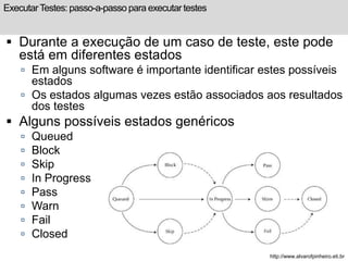 Executar Testes: passo-a-passo para executar testes 
 Durante a execução de um caso de teste, este pode 
está em diferentes estados 
 Em alguns software é importante identificar estes possíveis 
estados 
 Os estados algumas vezes estão associados aos resultados 
dos testes 
 Alguns possíveis estados genéricos 
 Queued 
 Block 
 Skip 
 In Progress 
 Pass 
 Warn 
 Fail 
 Closed 
http://www.alvarofpinheiro.eti.br 
 