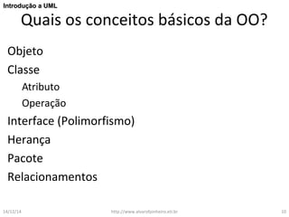 IInnttrroodduuççããoo aa UUMMLL 
Quais os conceitos básicos da OO? 
Objeto 
Classe 
Atributo 
Operação 
Interface (Polimorfismo) 
Herança 
Pacote 
Relacionamentos 
14/12/14 http://www.alvarofpinheiro.eti.br 10 
 