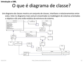 IInnttrroodduuççããoo aa UUMMLL 
O que é diagrama de classe? 
Um diagrama de classes mostra um conjunto de classes, interfaces e relacionamentos entre 
estes. Este é o diagrama mais comum encontrado na modelagem de sistemas orientados 
a objetos e dá uma visão estática da estrutura do sistema. 
14/12/14 http://www.alvarofpinheiro.eti.br 12 
 