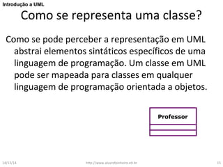 IInnttrroodduuççããoo aa UUMMLL 
Como se representa uma classe? 
Como se pode perceber a representação em UML 
abstrai elementos sintáticos específicos de uma 
linguagem de programação. Um classe em UML 
pode ser mapeada para classes em qualquer 
linguagem de programação orientada a objetos. 
Professor 
14/12/14 http://www.alvarofpinheiro.eti.br 15 
 