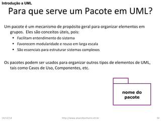 IInnttrroodduuççããoo aa UUMMLL 
Para que serve um Pacote em UML? 
Um pacote é um mecanismo de propósito geral para organizar elementos em 
grupos. Eles são conceitos úteis, pois: 
• Facilitam entendimento do sistema 
• Favorecem modularidade e reuso em larga escala 
• São essenciais para estruturar sistemas complexos 
Os pacotes podem ser usados para organizar outros tipos de elementos de UML, 
tais como Casos de Uso, Componentes, etc. 
nome do 
pacote 
14/12/14 http://www.alvarofpinheiro.eti.br 34 
 