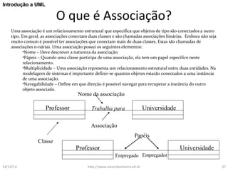 O que é Associação? 
IInnttrroodduuççããoo aa UUMMLL 
Uma associação é um relacionamento estrutural que especifica que objetos de tipo são conectados a outro 
tipo. Em geral, as associações conectam duas classes e são chamadas associações binárias. Embora não seja 
muito comum é possível ter associações que conectam mais de duas classes. Estas são chamadas de 
associações n-nárias. Uma associação possui os seguintes elementos: 
•Nome – Deve descrever a natureza da associação. 
•Pápeis – Quando uma classe participa de uma associação, ela tem um papel específico neste 
relacionamento. 
•Multiplicidade – Uma associação representa um relacionamento estrutural entre duas entidades. Na 
modelagem de sistemas é importante definir-se quantos objetos estarão conectados a uma instância 
de uma associação. 
•Navegabilidade – Define em que direção é possível navegar para recuperar a instância do outro 
objeto associado. 
Nome da associação 
Professor Universidade 
Trabalha para 
Associação 
Professor 
Universidade 
Classe 
Papéis 
Empregado Empregador 
14/12/14 http://www.alvarofpinheiro.eti.br 37 
 
