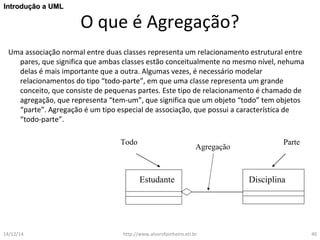 O que é Agregação? 
IInnttrroodduuççããoo aa UUMMLL 
Uma associação normal entre duas classes representa um relacionamento estrutural entre 
pares, que significa que ambas classes estão conceitualmente no mesmo nível, nehuma 
delas é mais importante que a outra. Algumas vezes, é necessário modelar 
relacionamentos do tipo “todo-parte”, em que uma classe representa um grande 
conceito, que consiste de pequenas partes. Este tipo de relacionamento é chamado de 
agregação, que representa “tem-um”, que significa que um objeto “todo” tem objetos 
“parte”. Agregação é um tipo especial de associação, que possui a característica de 
“todo-parte”. 
Todo Agregação Parte 
Estudante Disciplina 
14/12/14 http://www.alvarofpinheiro.eti.br 40 
 
