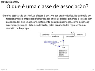 IInnttrroodduuççããoo aa UUMMLL 
O que é uma classe de associação? 
Em uma associação entre duas classes é possível ter propriedades. No exemplo do 
relacionamento empregado/empregador entre as classes Empresa e Pessoa tem 
propriedades que se aplicam exatamente ao relacionamento, como descrição 
do emprego, salário, data de admissão, estas propriedades representam o 
conceito de Emprego. 
14/12/14 http://www.alvarofpinheiro.eti.br 42 
 