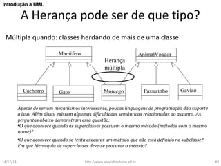 IInnttrroodduuççããoo aa UUMMLL 
A Herança pode ser de que tipo? 
Múltipla quando: classes herdando de mais de uma classe 
Mamífero AnimalVoador 
Herança 
múltipla 
Cachorro Gato Morcego Passarinho Gaviao 
Apesar de ser um mecanismos interessante, poucas linguagens de programação dão suporte 
a isso. Além disso, existem algumas dificuldades semânticas relacionadas ao assunto. As 
perguntas abaixo demonstram essa questão. 
•O que acontece quando as superclasses possuem o mesmo método (métodos com o mesmo 
nome)? 
•O que acontece quando se tenta executar um método que não está definido na subclasse? 
Em que hierarquia de superclasses deve-se procurar o método? 
14/12/14 http://www.alvarofpinheiro.eti.br 49 
 