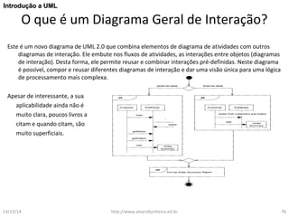 IInnttrroodduuççããoo aa UUMMLL 
O que é um Diagrama Geral de Interação? 
Este é um novo diagrama de UML 2.0 que combina elementos de diagrama de atividades com outros 
diagramas de interação. Ele embute nos fluxos de atividades, as interações entre objetos (diagramas 
de interação). Desta forma, ele permite reusar e combinar interações pré-definidas. Neste diagrama 
é possível, compor e reusar diferentes diagramas de interação e dar uma visão única para uma lógica 
de processamento mais complexa. 
Apesar de interessante, a sua 
aplicabilidade ainda não é 
muito clara, poucos livros a 
citam e quando citam, são 
muito superficiais. 
14/12/14 http://www.alvarofpinheiro.eti.br 76 
 