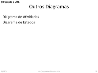 Outros Diagramas 
IInnttrroodduuççããoo aa UUMMLL 
Diagrama de Atividades 
Diagrama de Estados 
14/12/14 http://www.alvarofpinheiro.eti.br 78 
 