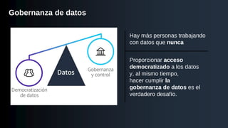 Gobernanza de datos
Hay más personas trabajando
con datos que nunca
Proporcionar acceso
democratizado a los datos
y, al mismo tiempo,
hacer cumplir la
gobernanza de datos es el
verdadero desafío.
 