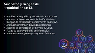 Amenazas y riesgos de
seguridad en un DL
• Brechas de seguridad y accesos no autorizados.
• Ataques de inyección y manipulación de datos.
• Riesgos de privacidad y cumplimiento normativo.
• Amenazas internas y privilegios excesivos.
• Ataques de denegación de servicio (DDoS).
• Fugas de datos y pérdida de información.
• Amenazas emergentes y ataques sofisticados.
 