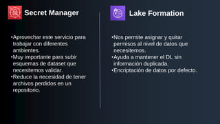 Secret Manager
•Aprovechar este servicio para
trabajar con diferentes
ambientes.
•Muy importante para subir
esquemas de dataset que
necesitemos validar.
•Reduce la necesidad de tener
archivos perdidos en un
repositorio.
•Nos permite asignar y quitar
permisos al nivel de datos que
necesitemos.
•Ayuda a mantener el DL sin
información duplicada.
•Encriptación de datos por defecto.
Lake Formation
 