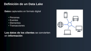 Definición de un Data Lake
Datos capturados en formato digital
• Personas
• Eventos
• Elementos
• Transacciones
Los datos de los clientes se convierten
en información
 
