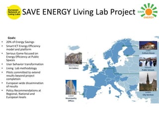 SAVE ENERGY Living Lab Project

     Goals:
•   20% of Energy Savings
•   Smart ICT Energy Efficiency
    model and platform
•   Serious Game focused on
    Energy Efficiency at Public
    Spaces
•   User behavior transformation
•   Living Lab methodology
•   Pilots committed to extend
    results beyond project
    completion
•   European wide dissemination
    of results
•   Policy Recommendations at
    Regional, National and
    European levels
 