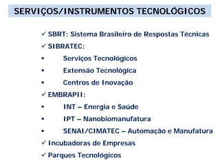 SERVIÇOS/INSTRUMENTOS TECNOLÓGICOS

     SBRT: Sistema Brasileiro de Respostas Técnicas
     SIBRATEC:
         Serviços Tecnológicos
         Extensão Tecnológica
         Centros de Inovação
     EMBRAPII:
         INT – Energia e Saúde
         IPT – Nanobiomanufatura
         SENAI/CIMATEC – Automação e Manufatura
     Incubadoras de Empresas
     Parques Tecnológicos
 