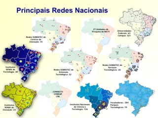 Principais Redes Nacionais

                                                                                    27 Unidades de
                                                                                   Pesquisa do MCTI         Universidades
                                                                                                             Federais: 63
                                                                                                            Campus: 321
                           Redes SIBRATEC de
                               Centros de
                              Inovação: 14




                                                                                            Redes SIBRATEC de
  Institutos                                                                                     Serviços
  SENAI de                                     Redes SIBRATEC de                             Tecnológicos: 20
Tecnologia: 38                                      Extensão
                                                 Tecnológica: 22




     1
                   1               1 1         CONSECTI
                                     1          CONFAP
                                                  CNI
                               2
                       1
                           3                                                                          Incubadoras:: 384
  Institutos   1                                            Institutos Nacionais                      Parques
  SENAI de                  2                                   de Ciência e                          Tecnológicos: 79
                   1                                          Tecnologia: 126
Inovação: 23           2
                   2
 