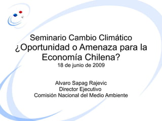 Seminario Cambio Climático ¿Oportunidad o Amenaza para la Economía Chilena? 18 de junio de 2009 Alvaro Sapag Rajevic Director Ejecutivo  Comisión Nacional del Medio Ambiente 