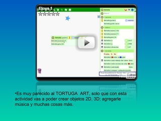 •Es muy parecido al TORTUGA ART, solo que con esta
actividad vas a poder crear objetos 2D, 3D; agregarle
música y muchas cosas más.
 