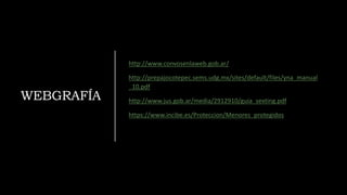 WEBGRAFÍA
http://www.convosenlaweb.gob.ar/
http://prepajocotepec.sems.udg.mx/sites/default/files/yna_manual
_10.pdf
http://www.jus.gob.ar/media/2912910/guia_sexting.pdf
https://www.incibe.es/Proteccion/Menores_protegidos
 