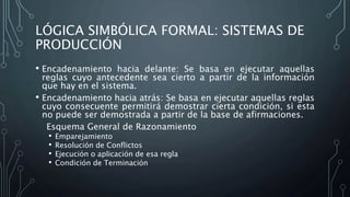 LÓGICA SIMBÓLICA FORMAL: SISTEMAS DE
PRODUCCIÓN
• Encadenamiento hacia delante: Se basa en ejecutar aquellas
reglas cuyo antecedente sea cierto a partir de la información
que hay en el sistema.
• Encadenamiento hacia atrás: Se basa en ejecutar aquellas reglas
cuyo consecuente permitirá demostrar cierta condición, si esta
no puede ser demostrada a partir de la base de afirmaciones.
Esquema General de Razonamiento
• Emparejamiento
• Resolución de Conflictos
• Ejecución o aplicación de esa regla
• Condición de Terminación
 